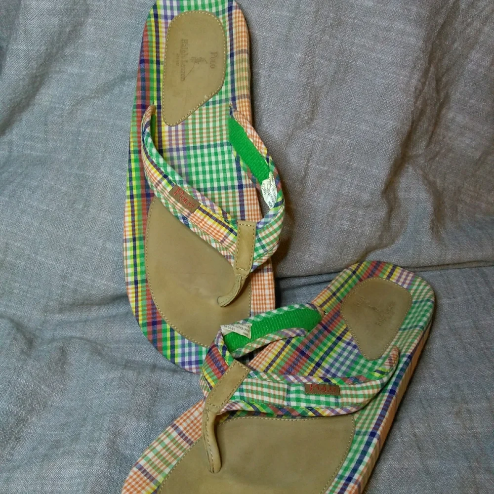 Polo Ralph Lauren plaid Madras flip flops 12D
